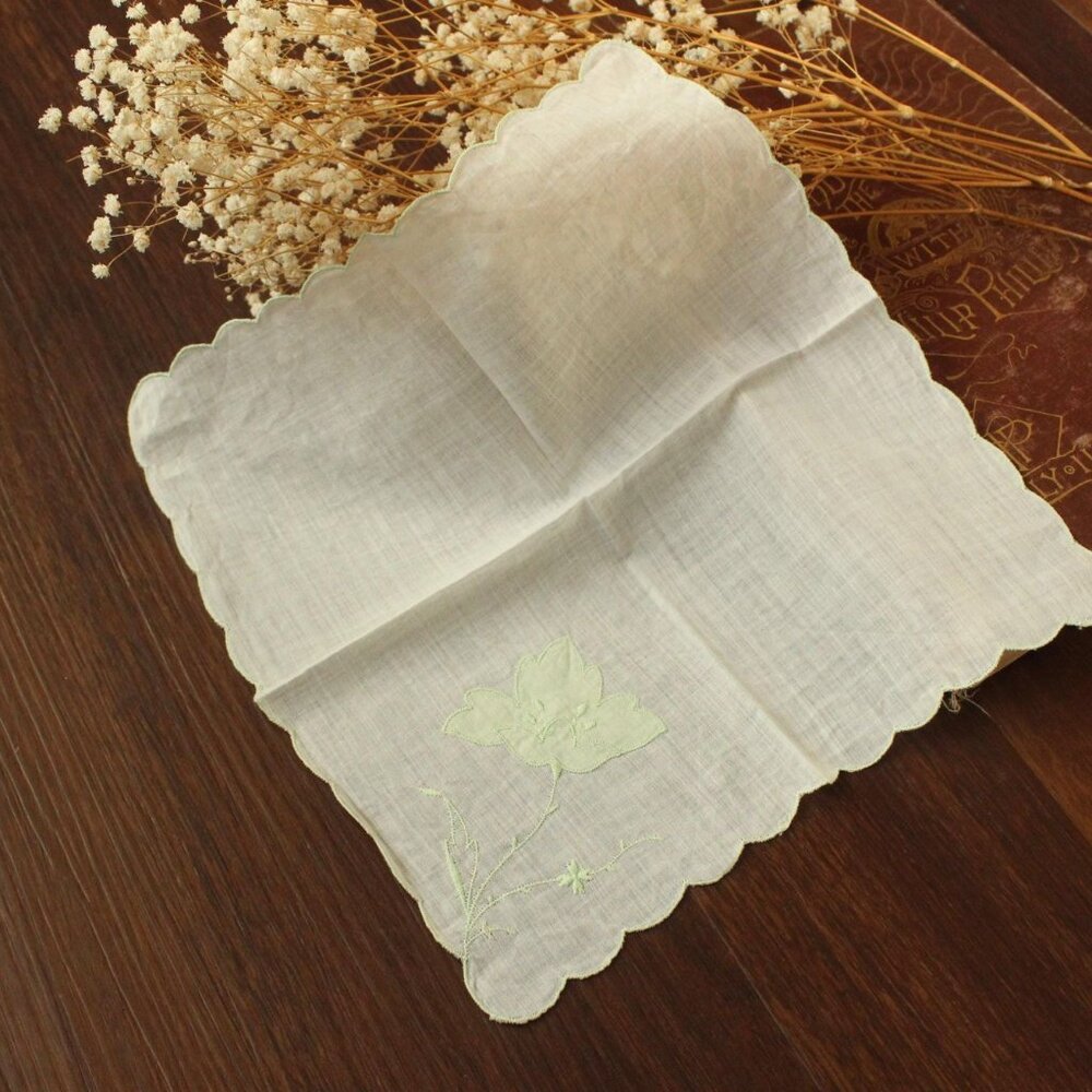 Vintage Handkerchief, Green Flower Applique and Embroidery on White Linen Hanky